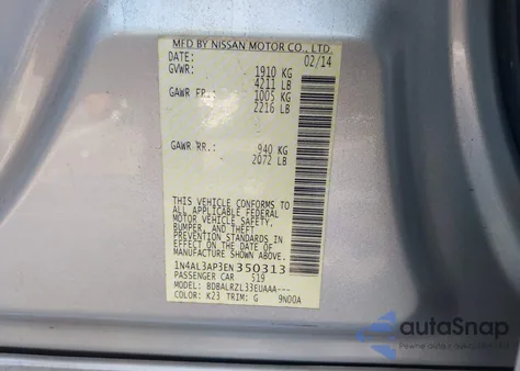 2014 Nissan Altima 2.5/2.5 S/2.5 Sl/2.5 Sv из США, поврежденный, VIN 1N4AL3AP3EN350313